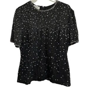 Stenay Black and Silver Sequin Blouse silk top beaded embroidered S